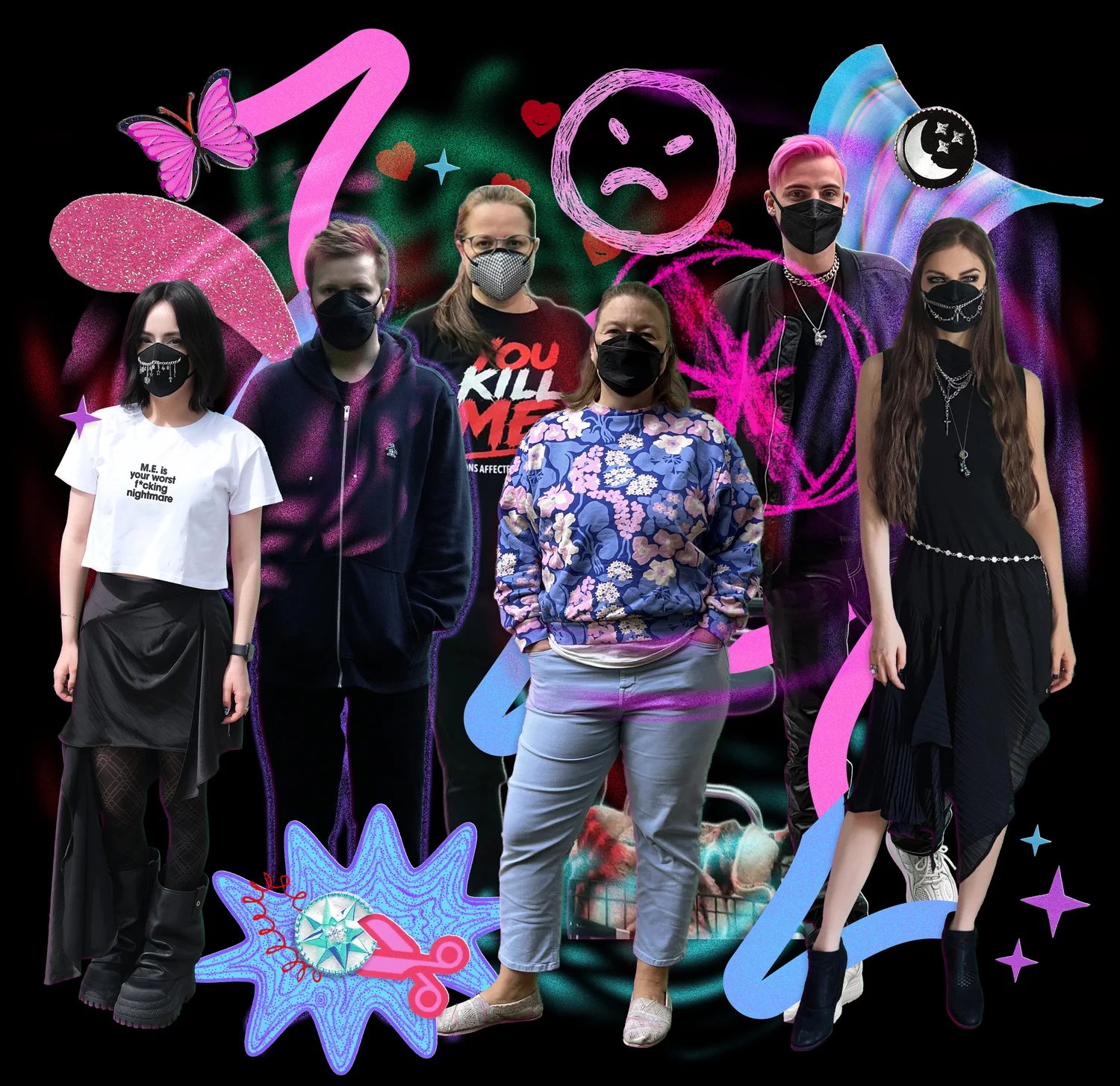 Collage of seven masked members of the collective among pink and blue doodles, butterflies, hearts and an angry face